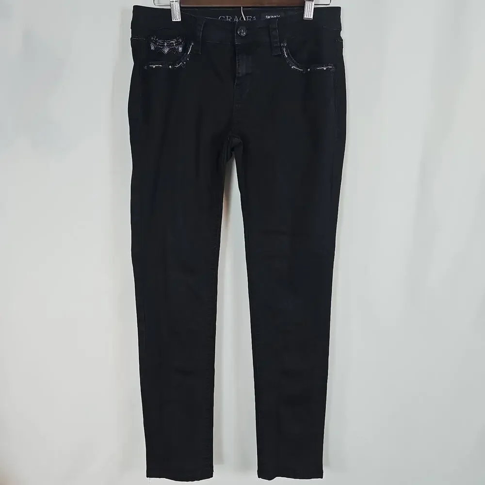 Grace in LA Black Embellished Low-Rise Skinny Jeans W30xL28.5, Women’s Size 30